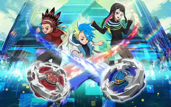 Anime-style Beyblade X HD desktop wallpaper featuring three dynamic characters launching their spinning tops in front of a vibrant, futuristic cityscape.