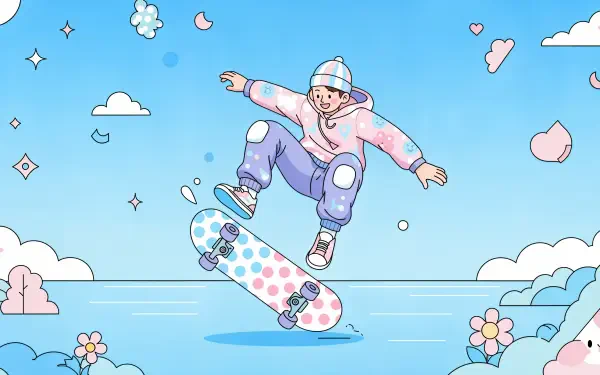 Colorful 4K Ultra HD desktop wallpaper featuring a cartoon skateboarder performing a trick mid-air against a bright blue sky with clouds and whimsical floral elements.