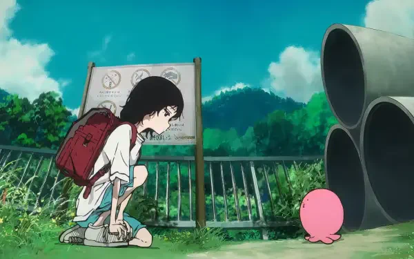 HD PC desktop wallpaper featuring anime-style characters from Takopi's Original Sin in a lush outdoor setting with blue skies and green foliage.