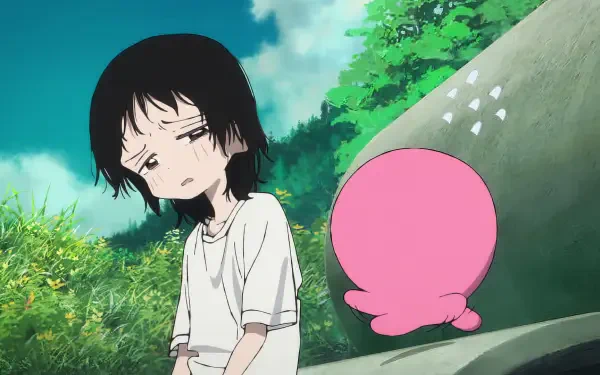 HD anime desktop wallpaper from Takopi's Original Sin, featuring a sad character with black hair sitting beside a pink octopus-like creature in a serene outdoor setting.