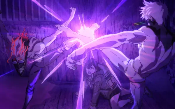 HD anime wallpaper from Dandadan featuring dynamic action between characters Ken Takakura, Momo Ayase, and Jin Enjouji with vibrant purple energy effects.