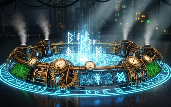 4K Ultra HD PC desktop wallpaper depicting a glowing arcane circle with mystical runes, gears, and gauges in a futuristic, steampunk-inspired setting.