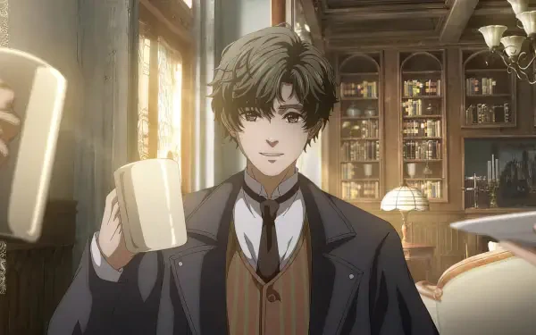 Anime-style HD desktop wallpaper from Lord of Mysteries featuring a young man with dark hair smiling while holding a mug in a warmly lit library.