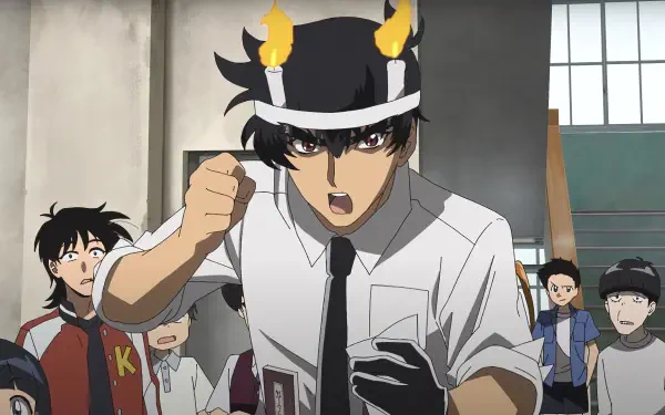 HD PC desktop wallpaper featuring an intense scene from the anime Hell Teacher: Jigoku Sensei Nube with the main character in a dynamic pose surrounded by classmates.