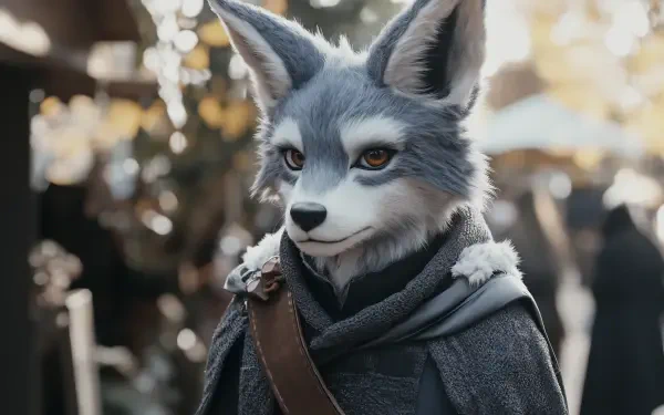 HD PC desktop wallpaper featuring an anthropomorphic furry character in a detailed costume and cosplay, set against a softly blurred outdoor background.