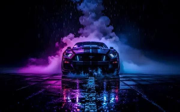 Ford Mustang car captured in striking 4K Ultra HD, set against a smoky, rain-soaked background for a dramatic PC desktop wallpaper.
