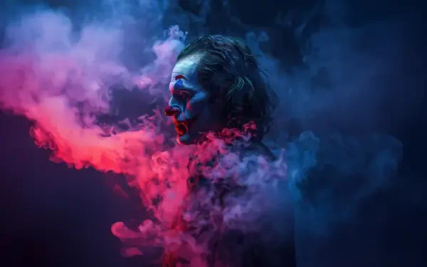 4K Ultra HD PC desktop wallpaper featuring Joaquin Phoenix as Joker, enveloped in dramatic blue and red smoke with a dark, moody background.