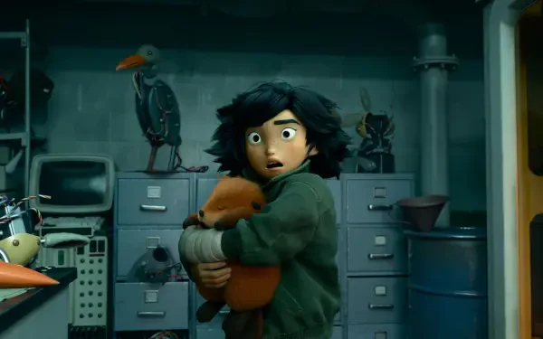 A 4K Ultra HD Pixar movie wallpaper from Hoppers showing a character holding a creature in a dimly lit room filled with shelves and equipment.