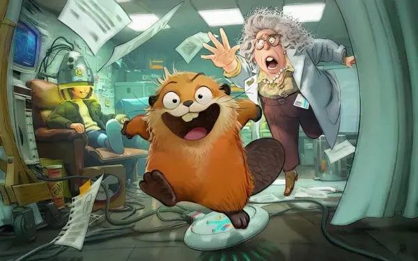 HD PC desktop wallpaper featuring characters from the movie Hoppers, including a joyful beaver and an excited scientist inside a vibrant laboratory setting.