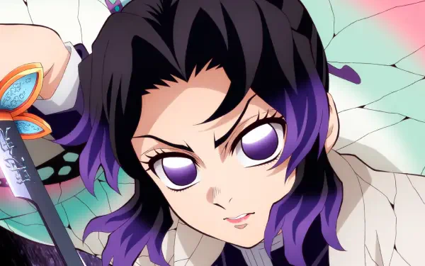 4K Ultra HD anime wallpaper featuring Shinobu Kochou from Demon Slayer: Kimetsu no Yaiba with vibrant purple eyes and detailed butterfly-themed design.