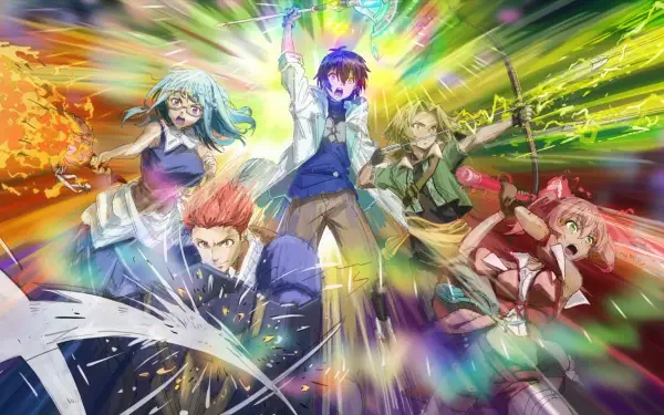 HD anime wallpaper from Scooped Up by an S-Rank Adventurer! featuring five vibrant characters in dynamic, colorful action poses with magical energy effects.