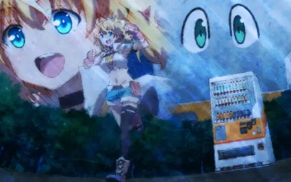 HD anime PC desktop wallpaper featuring a vibrant scene with a cheerful anime character and a large animated face in the background, blending fantasy and urban elements.