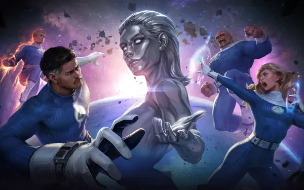 4K Ultra HD Fantastic Four (2025) wallpaper featuring the team in dynamic poses with an ethereal cosmic background on a PC desktop.