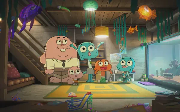 HD PC desktop wallpaper featuring characters from the TV show The Wonderfully Weird World of Gumball gathered in a cozy, colorful living room setting.