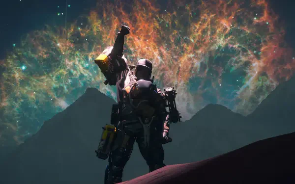 4K Ultra HD PC wallpaper of a character from Death Stranding 2 standing on a beach with a vibrant, cosmic sky backdrop.