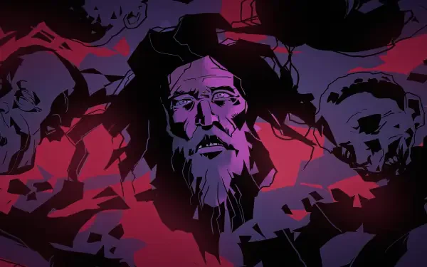 HD PC desktop wallpaper from the video game Hell Clock, featuring a dark, stylized illustration of a distressed face surrounded by skulls and red shadows.