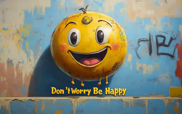HD desktop wallpaper featuring a cheerful yellow emoji with a big smile and the phrase Don't Worry Be Happy against a textured, colorful background.