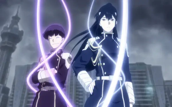 HD PC desktop wallpaper featuring Mina Ashiro and Soushirou Hoshina from the anime Kaiju No. 8, set against a dark, stormy cityscape background.