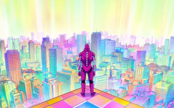 HD PC wallpaper featuring Kafka Hibino from the anime Kaiju No. 8 standing on a rooftop overlooking a vibrant, pastel-colored futuristic cityscape.