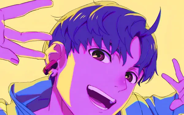 Anime HD desktop wallpaper featuring Jin Enjouji from Dandadan with vibrant purple and yellow hues.