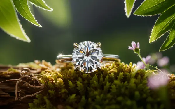 Close-up of a sparkling diamond ring resting on moss with soft green foliage in the background, captured in stunning 4K Ultra HD for PC desktop wallpaper.