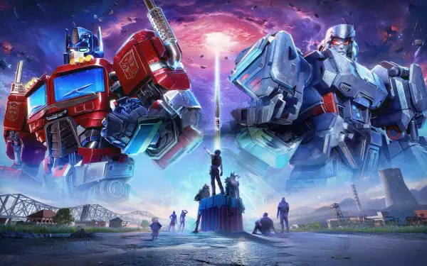 Vibrant 4K Ultra HD Transformers wallpaper featuring towering Optimus Prime and Megatron facing off over a futuristic battlefield with a glowing sky backdrop.