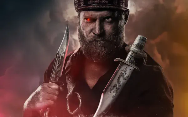 Mortal Kombat 2 (2025) character gripping two large blades with glowing red eyes, set against a dark, smoky background in 4K Ultra HD PC desktop wallpaper.