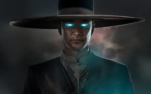 4K Ultra HD PC desktop wallpaper featuring a dark, mysterious character with glowing blue eyes, from Mortal Kombat 2 (2025).