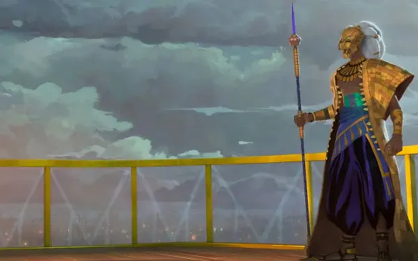 HD PC desktop wallpaper featuring a character from the TV show Eyes of Wakanda standing on a platform under a stormy sky.