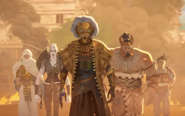 HD PC desktop wallpaper featuring characters from the TV show Eyes of Wakanda in a dynamic, stylized scene with warm tones and detailed designs.