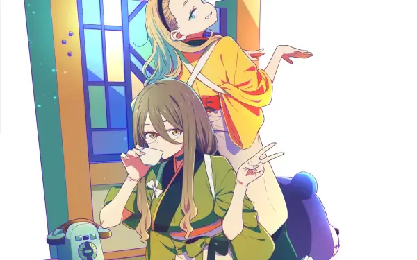 HD anime desktop wallpaper featuring Kurumi and Mizuki Nakahara from Lycoris Recoil in a colorful, vibrant setting with stained glass windows.