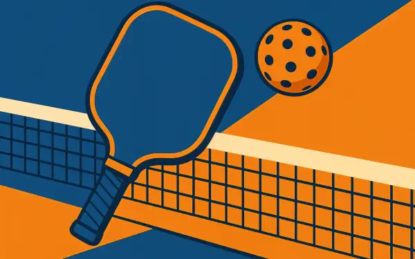 4K Ultra HD desktop wallpaper featuring a vibrant pickleball paddle and perforated ball over a net with bold blue and orange geometric background.