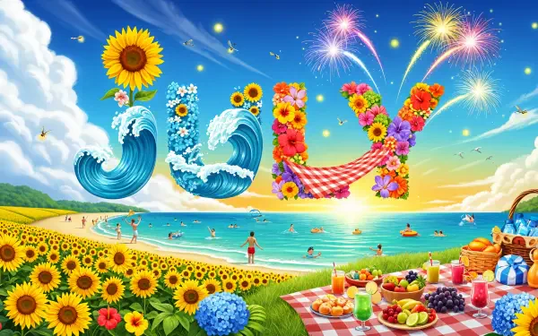 A vibrant 4K Ultra HD July desktop wallpaper showing a sunny beach with sunflowers, picnic setup, and colorful floral letters spelling July against a bright blue sky with fireworks.