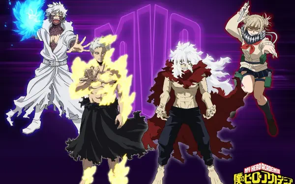 HD anime desktop wallpaper featuring My Hero Academia villains Tomura Shigaraki, All For One, and Himiko Toga against a glowing purple background.
