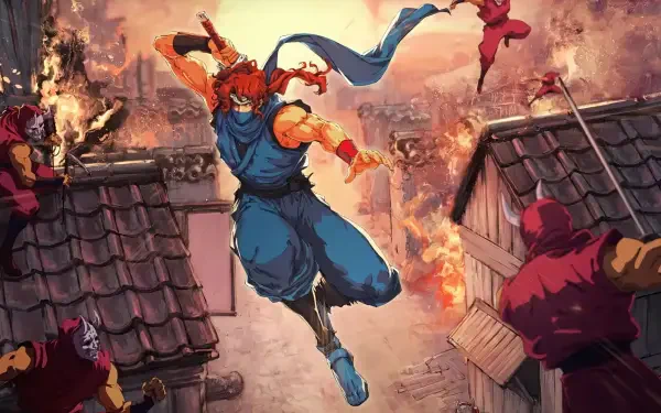 HD PC desktop wallpaper featuring a dynamic ninja from the video game NINJA GAIDEN: Ragebound leaping through a fiery, battle-torn village scene.