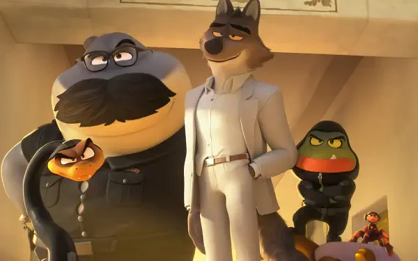 HD PC desktop wallpaper featuring animated characters from the movie The Bad Guys 2, showcasing a confident wolf in a white suit and a large dog with a mustache.