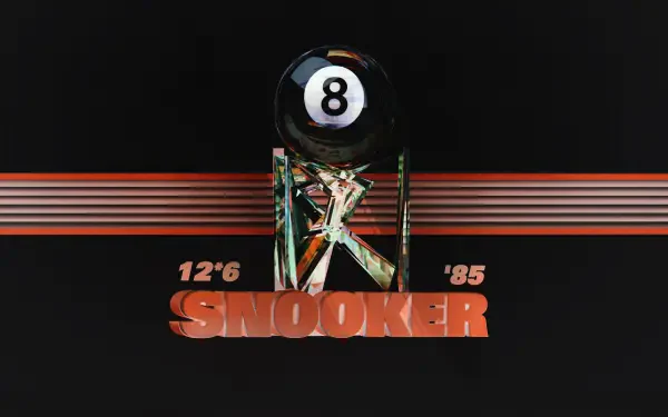 4K Ultra HD graphic design wallpaper featuring an 80's style snooker theme with a black background, centered 8-ball, and retro text elements 12'6, '85, and SNOOKER.
