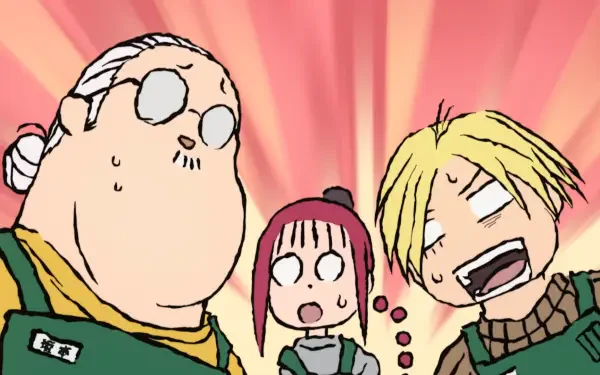 Anime HD desktop wallpaper featuring characters Taro Sakamoto, Lu Xiaotang, and Shin from Sakamoto Days with vibrant expressions and a dynamic background.