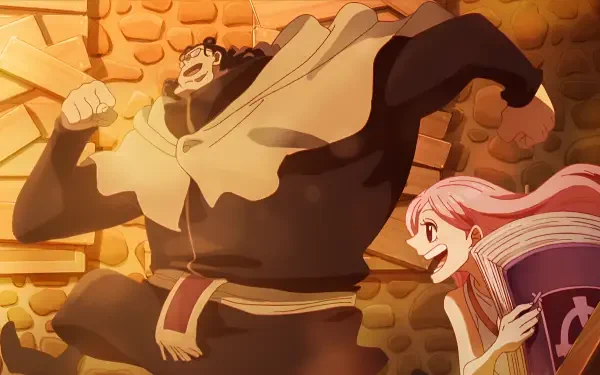 HD anime wallpaper featuring One Piece characters Bartholomew Kuma and Jewelry Bonney in an energetic and warm-toned scene.
