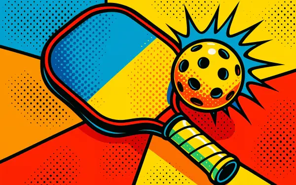 Vibrant 4K Ultra HD pickleball-themed desktop wallpaper featuring a stylized paddle and ball with bold, comic-style colors and dynamic design elements.