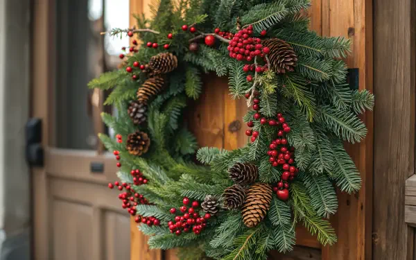 A detailed 4K Ultra HD PC desktop wallpaper of a festive wreath with pine branches, pinecones, and red berries hanging on a wooden door.