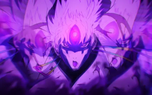 HD anime desktop wallpaper featuring Jin Enjouji in a dynamic, intense purple aura from the series Dandadan.