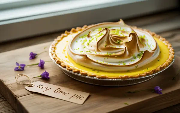 A vibrant key lime pie with toasted meringue topping, garnished with lime zest, displayed on a wooden board by a window; 4K Ultra HD PC desktop wallpaper and background.