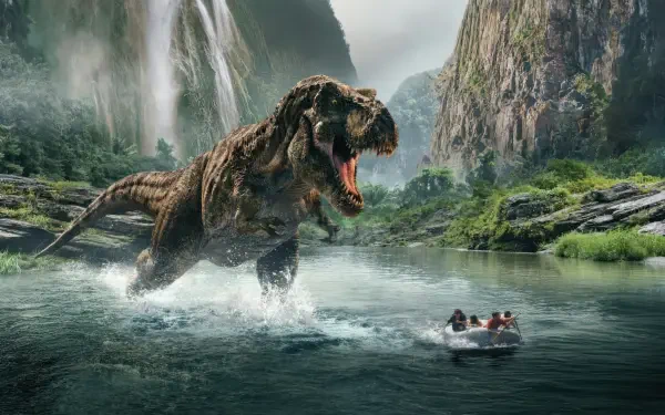 4K Ultra HD Jurassic World Rebirth wallpaper featuring a roaring T-Rex emerging from water with a boat and dense jungle-covered cliffs in the background.