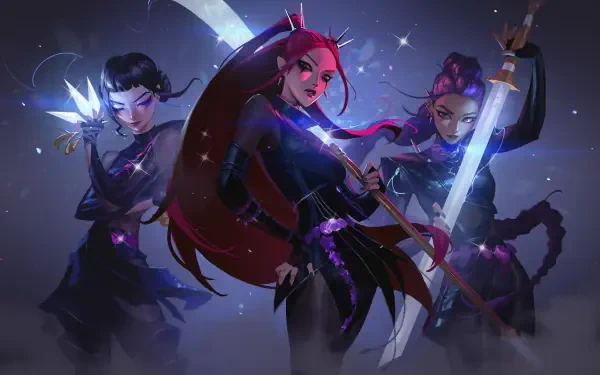 HD PC desktop wallpaper featuring Rumi, Mira, and Zoey from the movie KPop Demon Hunters, poised with weapons against a dark, starry backdrop.