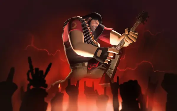HD desktop wallpaper featuring Heavy from Team Fortress 2 playing an electric guitar on stage with a cheering crowd silhouette against a red, smoky background.