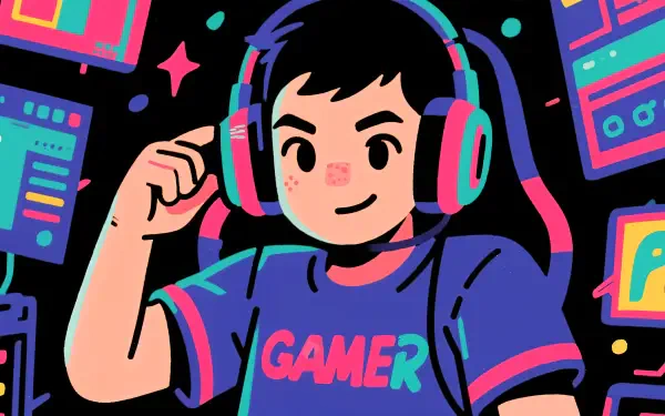 Vibrant 4K Ultra HD PC desktop wallpaper featuring a stylized gamer wearing headphones, surrounded by colorful retro gaming elements on a dark background.