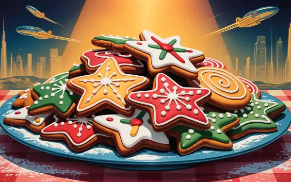 A vibrant 4K Ultra HD desktop wallpaper featuring a festive pile of colorful holiday cookies shaped like stars and trees, set against a futuristic cityscape backdrop.