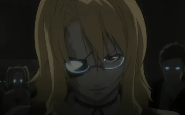 4K Ultra HD anime wallpaper featuring Nice Holystone from Baccano!, with her glasses reflecting light and shadowy figures behind her in a dark setting.