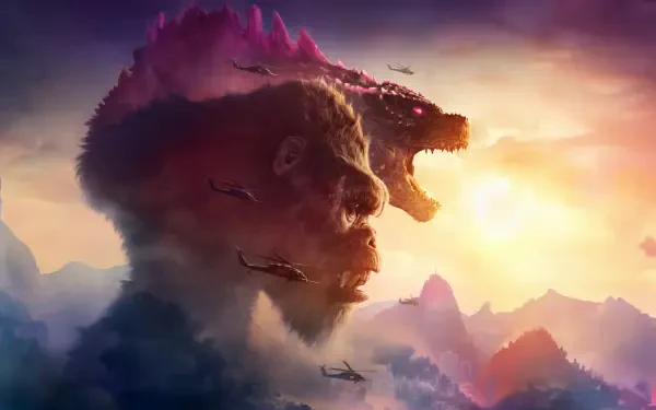 Godzilla x Kong: The New Empire 8K Ultra HD wallpaper featuring a colossal mountain shaped like Kong’s face with Godzilla’s form emerging, set against a dramatic sunset sky.